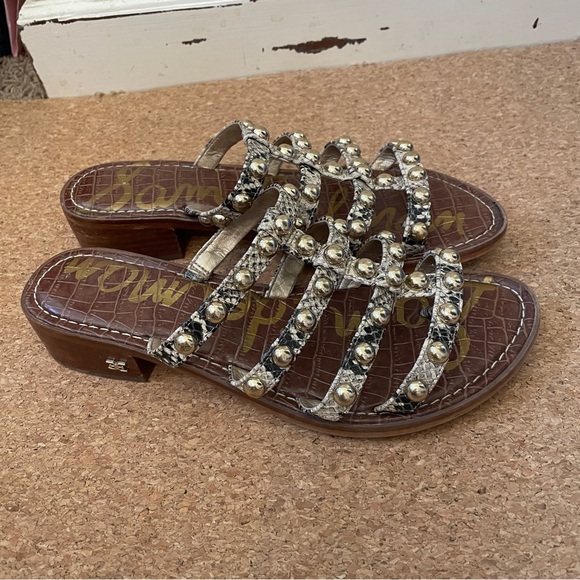 Sam Edelman Beige Leather Snake Print Heeled Slides Sandals Women’s size 7.5 EUC - Picture 4 of 11